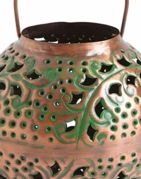 Antique Copper Iron Lantern With Handle In Green Patina Finish (Dia - 8in, H - 7.5in) - Free Size, Metal, Antique, Pack of 1